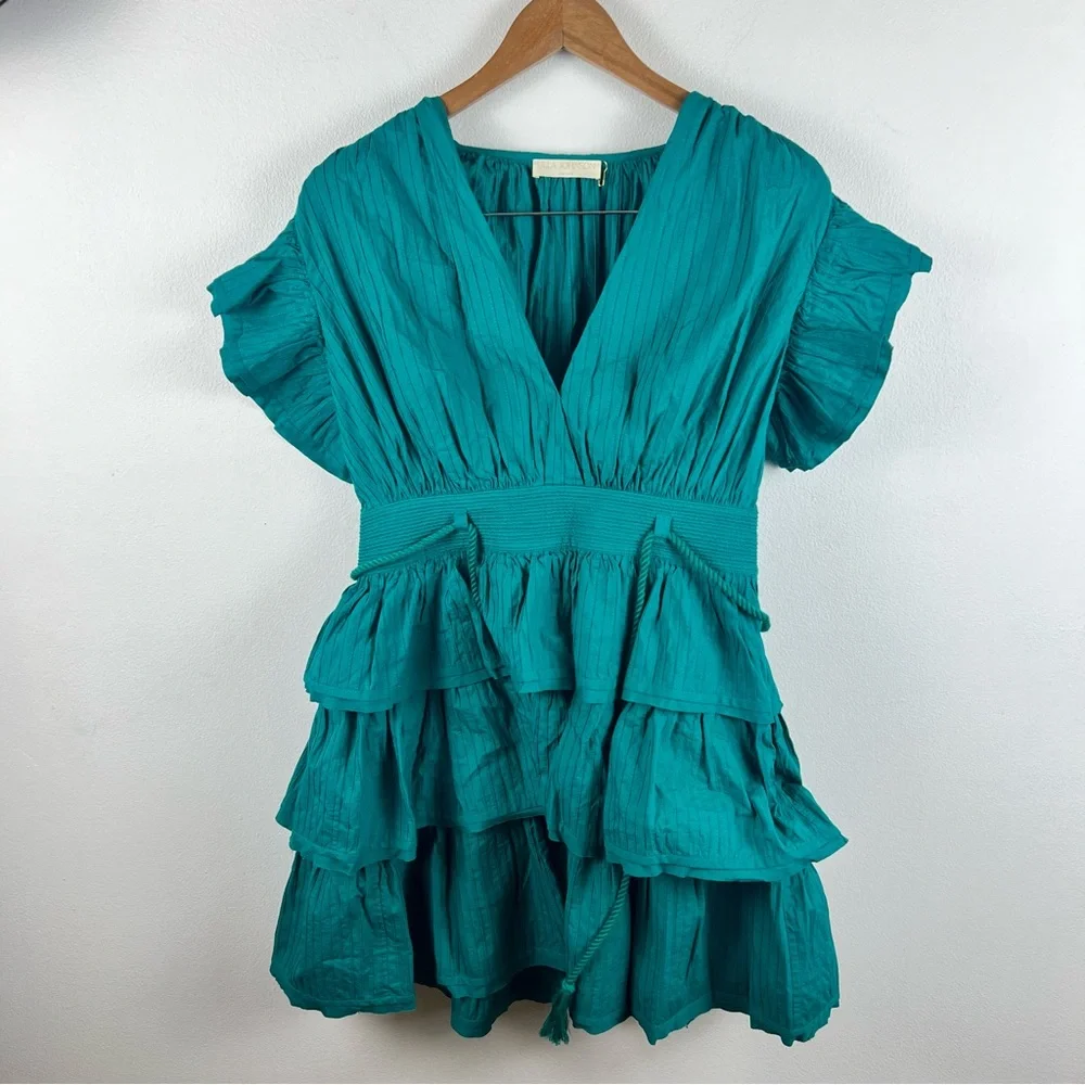 NEW ULLA JOHNSON Camilla Tiered Mini Dress in Verdigris - Picture 5 of 10